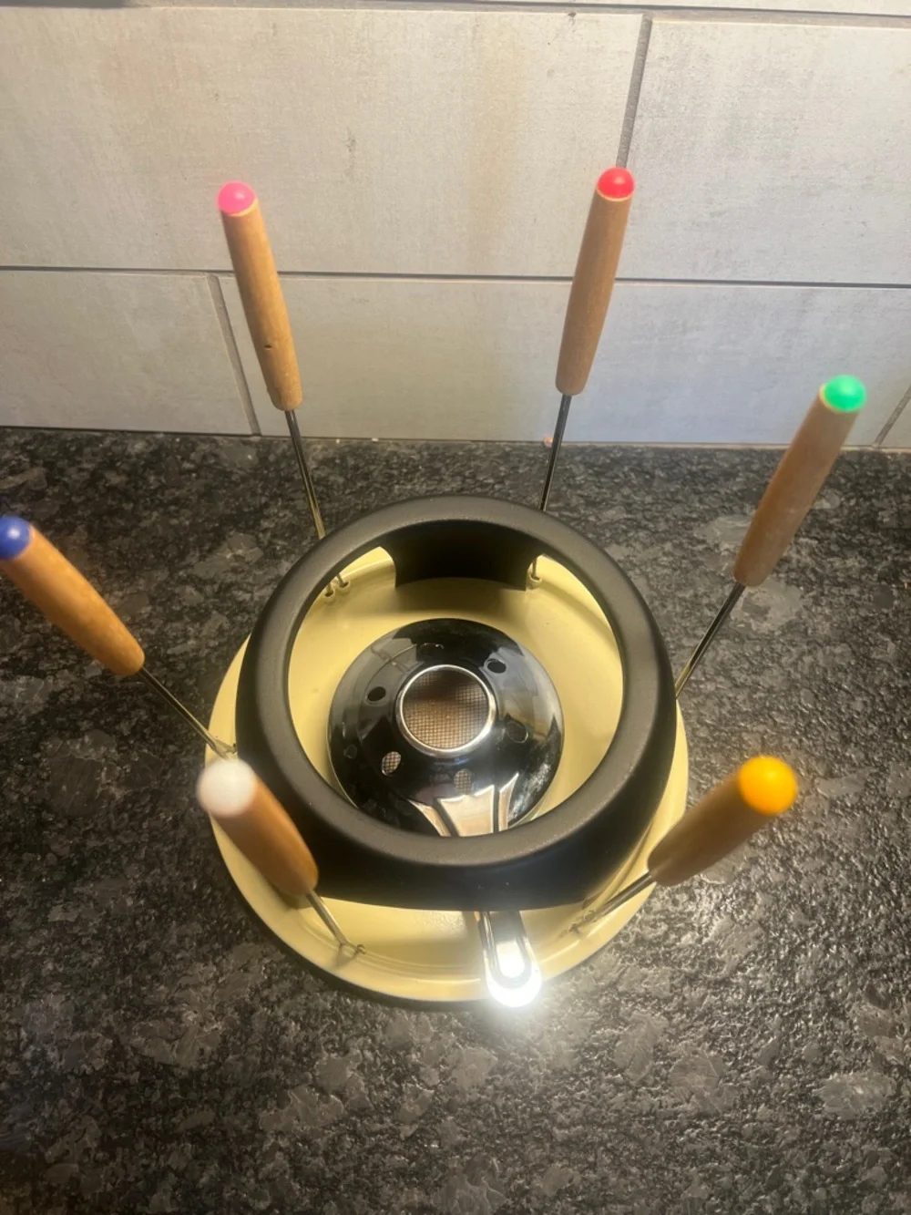 6 person Enamel Cream Fondue Pot Set with Wooden Handles. Seems NWOT